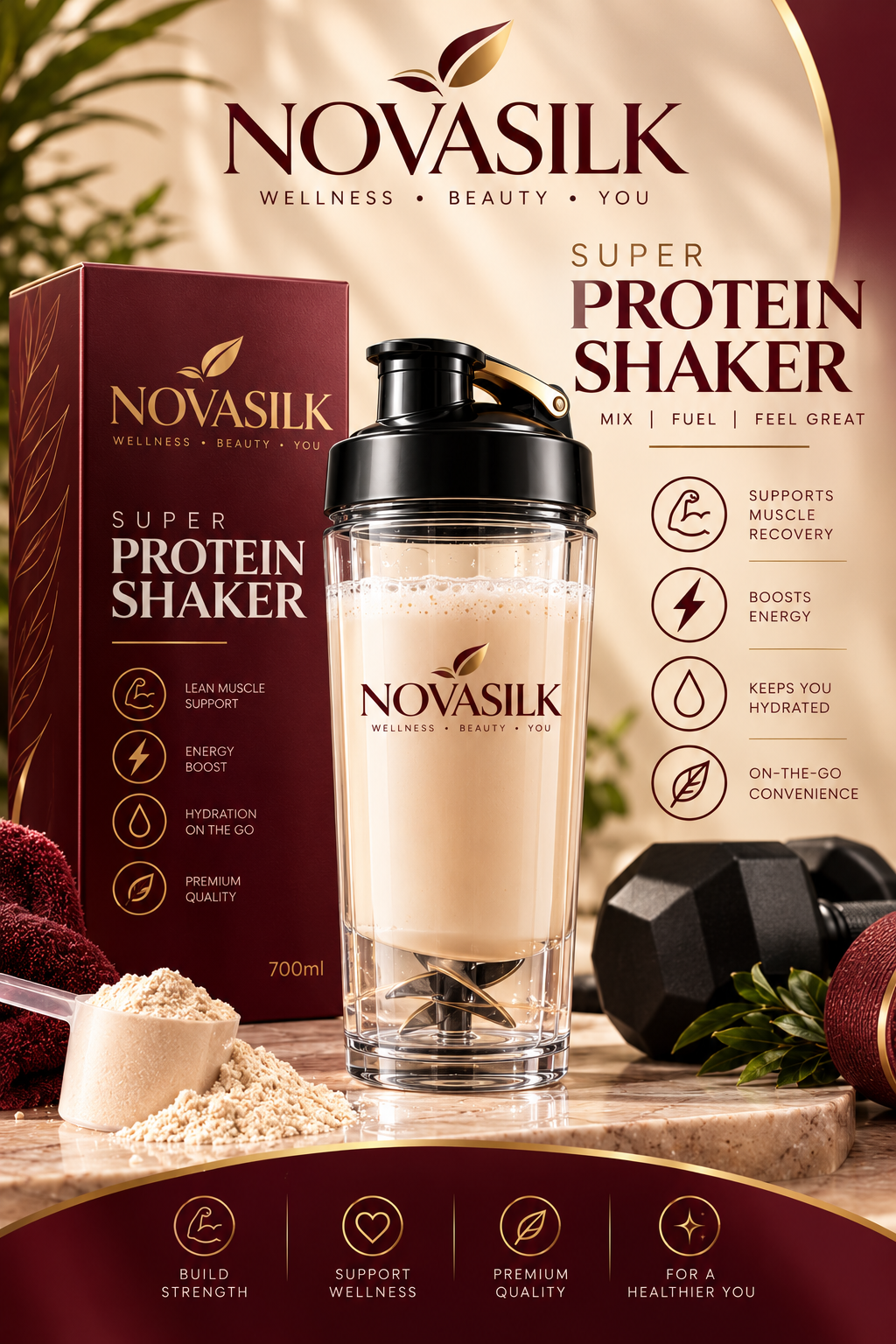 NOVASILK Automatic Protein Shaker Bottle 700ml
