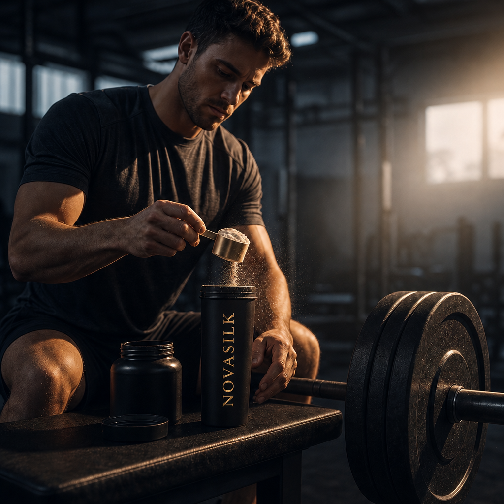 Man scooping pre-workout into a NOVASILK shaker in the gym at dawn