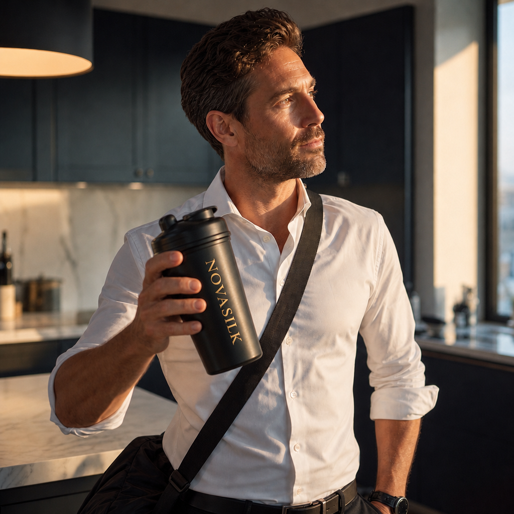 Professional with gym bag shaking a NOVASILK shaker after work