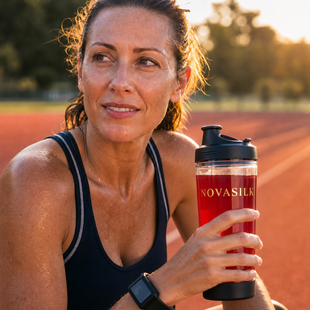 Athlete on a running track holding a NOVASILK shaker of fruit punch pre-workout