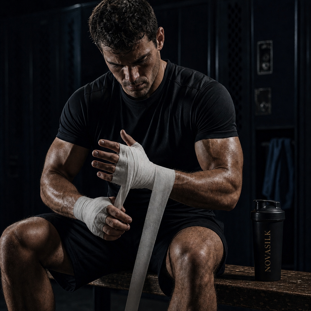 Athlete wrapping hands in a locker room with a NOVASILK shaker on the bench