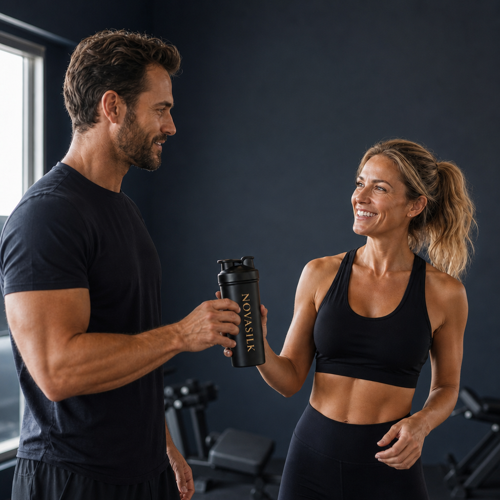 Couple sharing a NOVASILK shaker before training